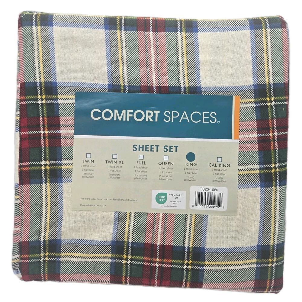 Scottish Plaid King Sheet 4pc Set Light Flannel Cotton NEW LODGE Farmhouse Red